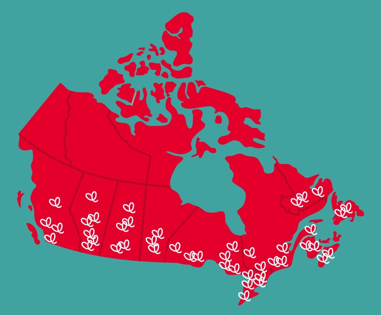 Map of Canada in red with white heart symbols distributed across provinces and territories on a teal background.
